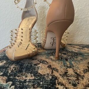 Jessica Simpson Elegant Tan Stiletto Heels with Gold Studs